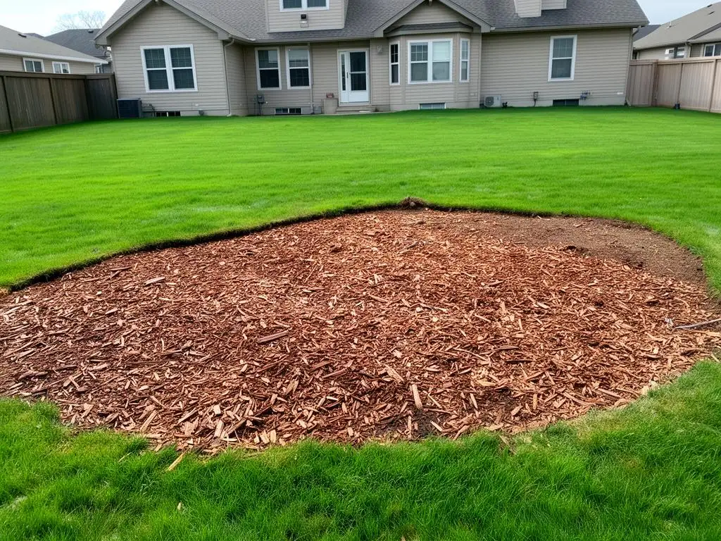 Backyard lawn with a circle of fresh wood chips where a stump was ground out