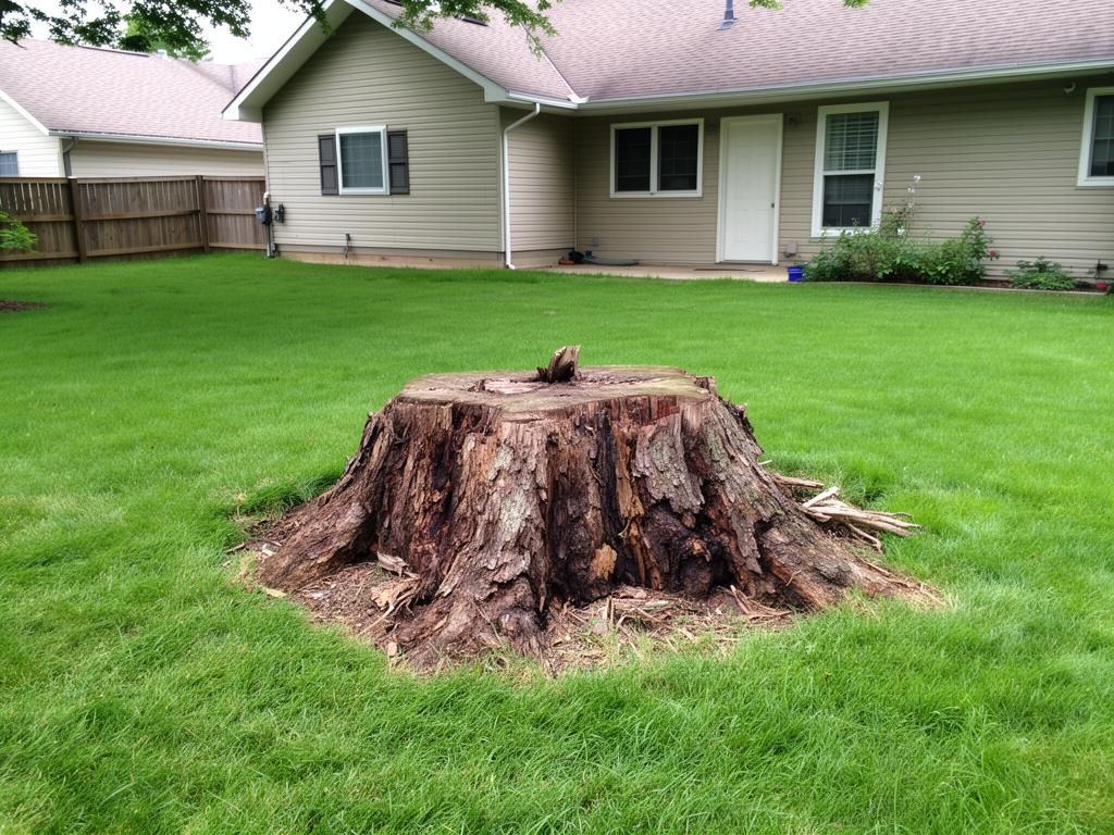 Yard with large tree stump before grinding by K2 Stump Grinding