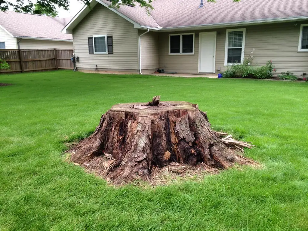 Large weathered tree stump in the middle of a backyard lawn