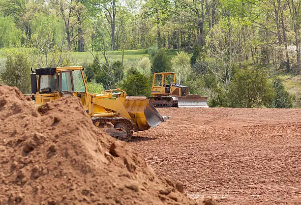 Bulldozers clearing and grading a wooded lot