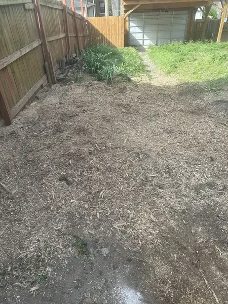 Ground-out strip along a wooden fence after stump grinding