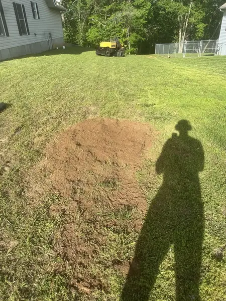 Ground-out patch on a sloped lawn after stump grinding