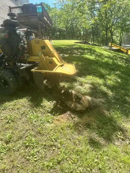 Stump grinder cutting a stump in a sloped backyard below a deck