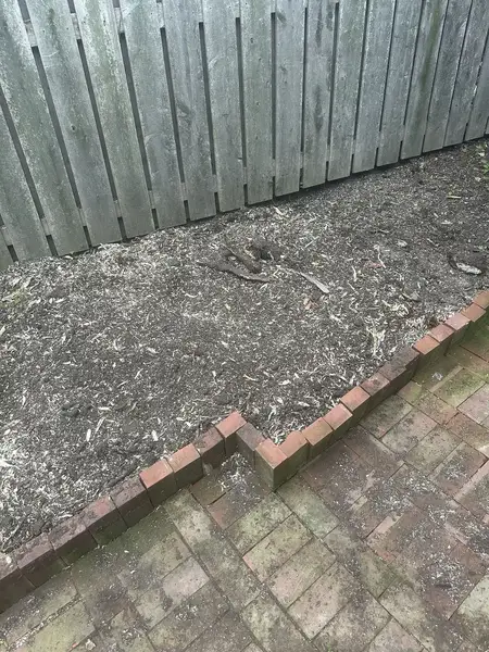 Mulched bed along a fence with brick edging after stump grinding