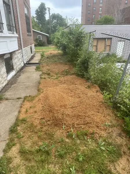 Ground-out side yard between brick homes
