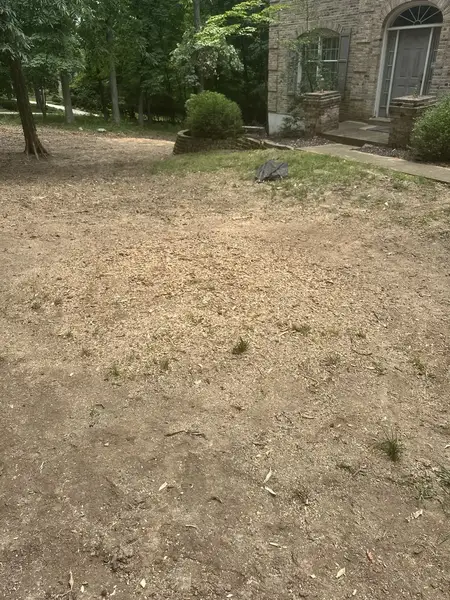 Leveled dirt yard in front of a brick house