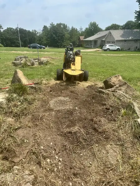 Stump grinder at a stump between large rocks