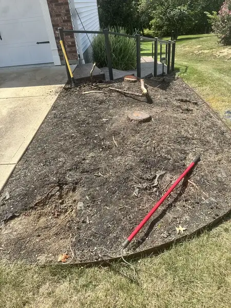 Stump in a mulch bed by a garage